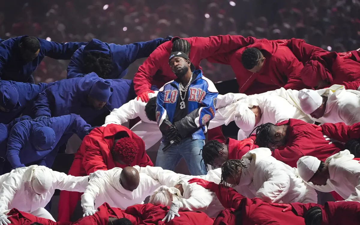 Kendrick Lamar relishing in his Super Bowl Performance. 