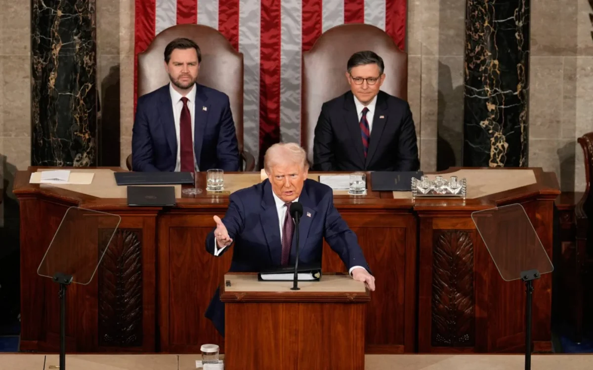 President Trump delivers his speech in his joint address to Congress, with Vice President JD Vance and Speaker of the House Mike Johnson accompanying behind him. 