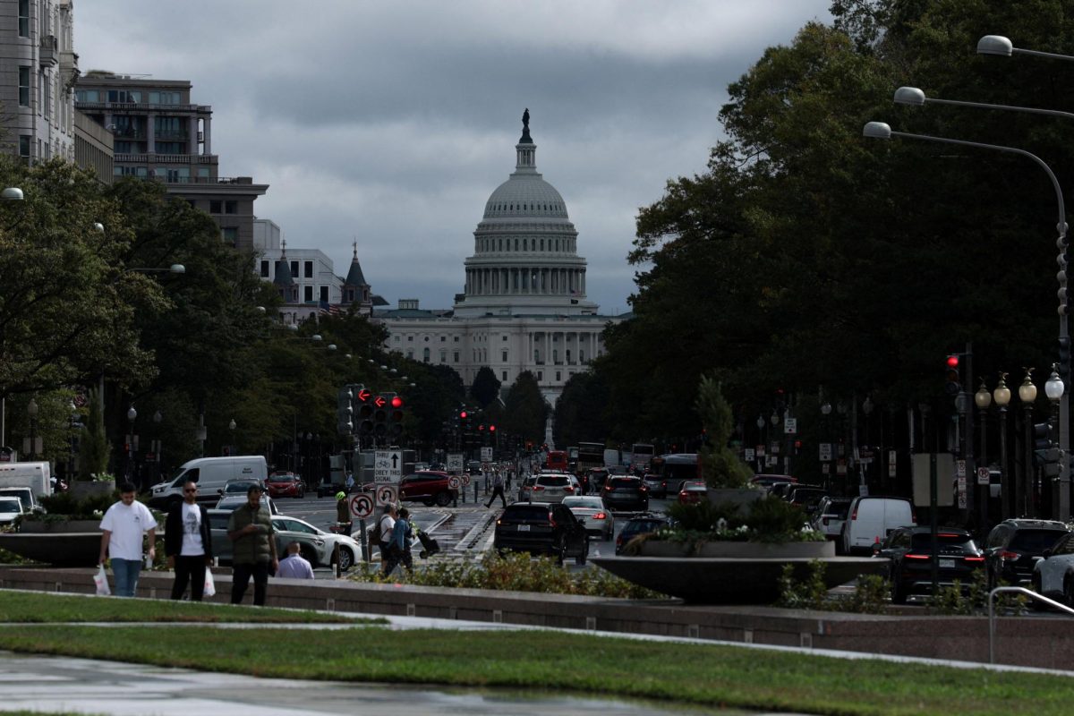 A general view of the U.S. Capitol from downtown Washington during the continuing partial federal government shutdown on Capitol Hill in Washington, D.C., U.S., October 8, 2025. REUTERS/Jonathan Ernst