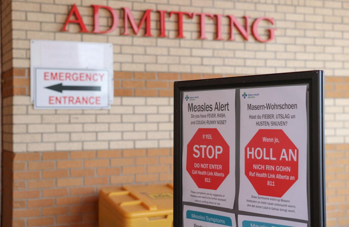 Healthy awareness posters related to the measles outbreak during a public health awareness campaign, at the Taber Health Centre, in the largely Mennonite community of Taber, Alberta, Canada, October 27, 2025. REUTERS/Ahmed Zakot